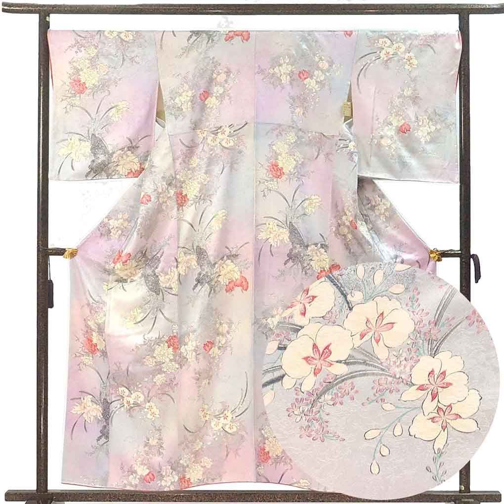 小紋 身丈158 cm 裄70 前幅24 後幅28 袖丈52 袖幅35 レディース 袷 花柄 裄長 裄L LLサイズ 秋冬春用 正絹 シルク ピンク リメイク リユース リサイクル 呉服のきくや