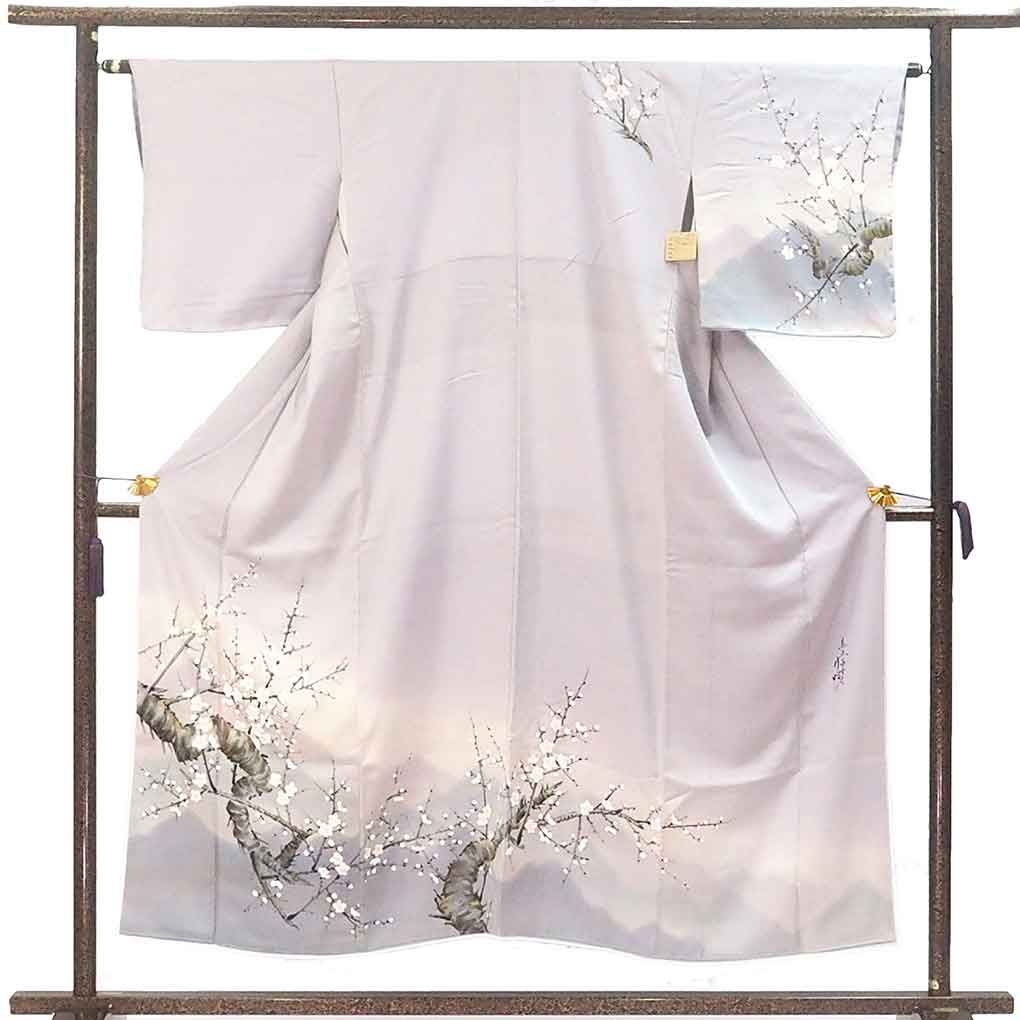 訪問着 身丈153 cm 裄64 前幅24 5 後幅29 袖丈47 袖幅33 レディース 袷 梅柄 裄Mサイズ 秋冬春用 正絹 シルク グレー リメイク リユース リサイクル 呉服のきくや