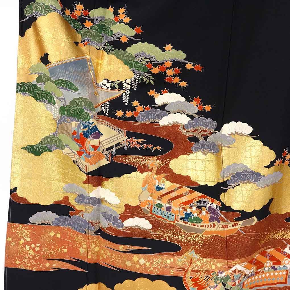 黒留袖 身丈161 cm 裄65 前幅26 後幅30 袖丈47 袖幅32 レディース 雲取り 裄Mサイズ 年中着用可 正絹 シルク ブラック リメイク リユース リサイクル 呉服のきくや