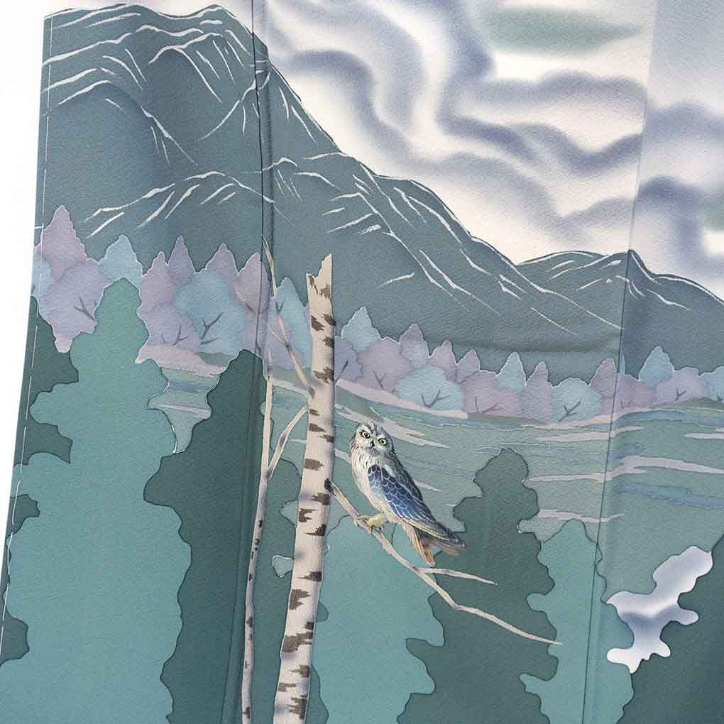 訪問着 身丈155 cm 裄63 前幅24 後幅30 袖丈45 袖幅32 レディース 袷 ふくろう 裄Mサイズ 秋冬春用 正絹 シルク グレー リメイク リユース リサイクル 呉服のきくや