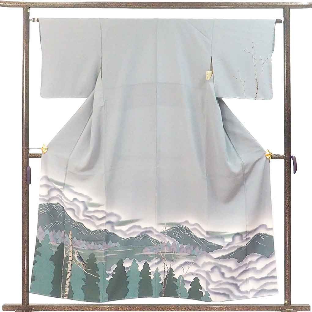 訪問着 身丈155 cm 裄63 前幅24 後幅30 袖丈45 袖幅32 レディース 袷 ふくろう 裄Mサイズ 秋冬春用 正絹 シルク グレー リメイク リユース リサイクル 呉服のきくや