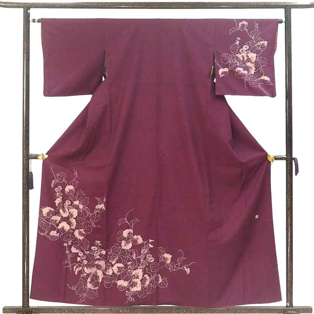 訪問着 身丈158 cm 裄63 前幅24 後幅28 5 袖丈45 袖幅32 レディース 袷 蔦柄 裄Mサイズ 秋冬春用 正絹 シルク パープル リメイク リユース リサイクル 呉服のきくや