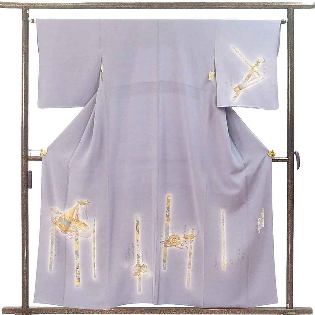 訪問着 身丈159 cm 裄65 前幅24.5 後幅30 袖丈49 袖幅33 レディース 袷 和楽器 裄Mサイズ 秋冬春用 正絹 シルク パープル 樽本伊勢蔵 リメイク リユース リサイクル 呉服のきくや