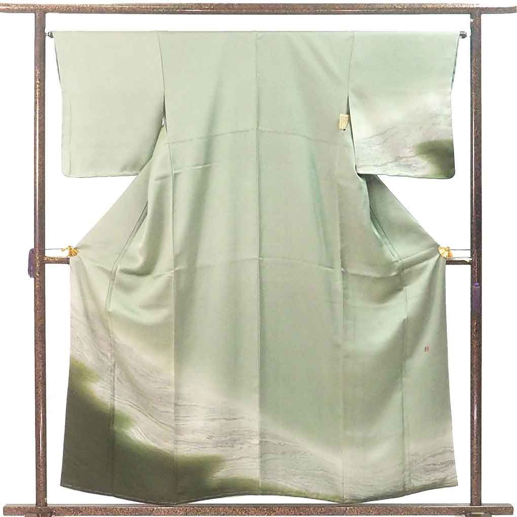 訪問着 身丈157 cm 裄65 前幅22 5 後幅29 袖丈49 袖幅33 レディース 袷 墨流し 裄Mサイズ 秋冬春用 正絹 シルク グリーン やや難 リメイク リユース リサイクル 呉服のきくや