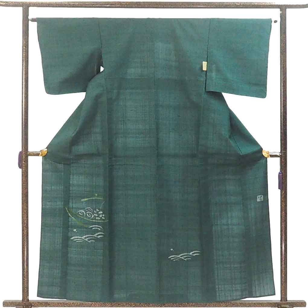 訪問着 身丈160 cm 裄64 前幅24 後幅29 袖丈46 袖幅33 レディース 単衣 船 裄Mサイズ 初夏 初秋用 正絹 シルク グリーン リメイク リユース リサイクル 呉服のきくや