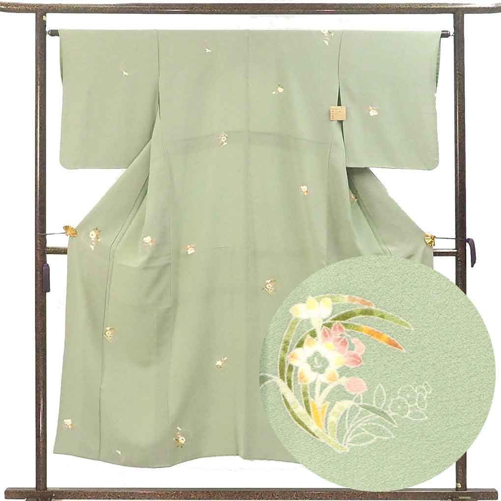 小紋 身丈151 cm 裄64 前幅24 後幅31 袖丈48 袖幅32 レディース 袷 花柄 裄Mサイズ 秋冬春用 正絹 シルク グリーン やや難 加賀友禅 百貫石峰 リメイク リユース リサイクル 呉服のきくや