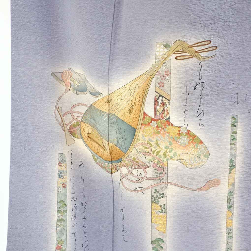 訪問着 身丈159 cm 裄65 前幅24.5 後幅30 袖丈49 袖幅33 レディース 袷 和楽器 裄Mサイズ 秋冬春用 正絹 シルク パープル 樽本伊勢蔵 リメイク リユース リサイクル 呉服のきくや