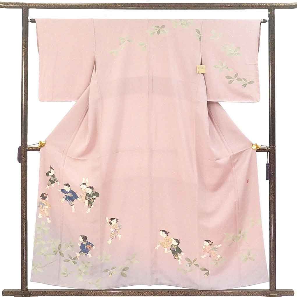 訪問着 身丈157 cm 裄63 前幅25 後幅30 袖丈49 袖幅32 レディース 袷 童 裄Mサイズ 秋冬春用 正絹 シルク ピンク 関口遼一 リメイク リユース リサイクル 呉服のきくや