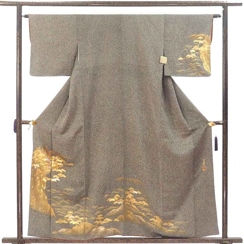 訪問着 身丈159 cm 裄63 前幅24 5 後幅30 袖丈44 袖幅32 レディース 袷 金彩 裄Mサイズ 秋冬春用 正絹 シルク グレー 堀省平 リメイク リユース リサイクル 呉服のきくや