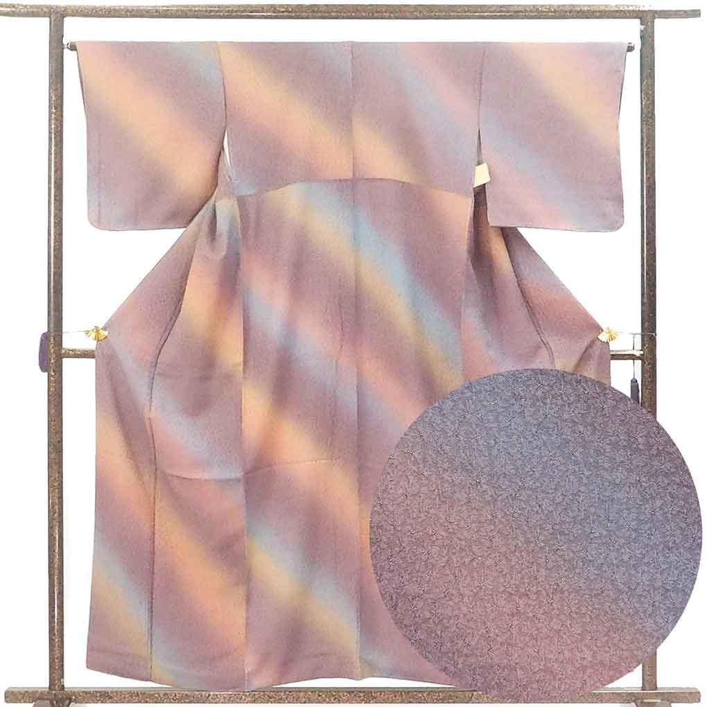 小紋 身丈158 cm 裄65 前幅24 後幅30 袖丈47 袖幅33 レディース 袷 ぼかし 裄Mサイズ 秋冬春用 正絹 シルク パープル リメイク リユース リサイクル 呉服のきくや