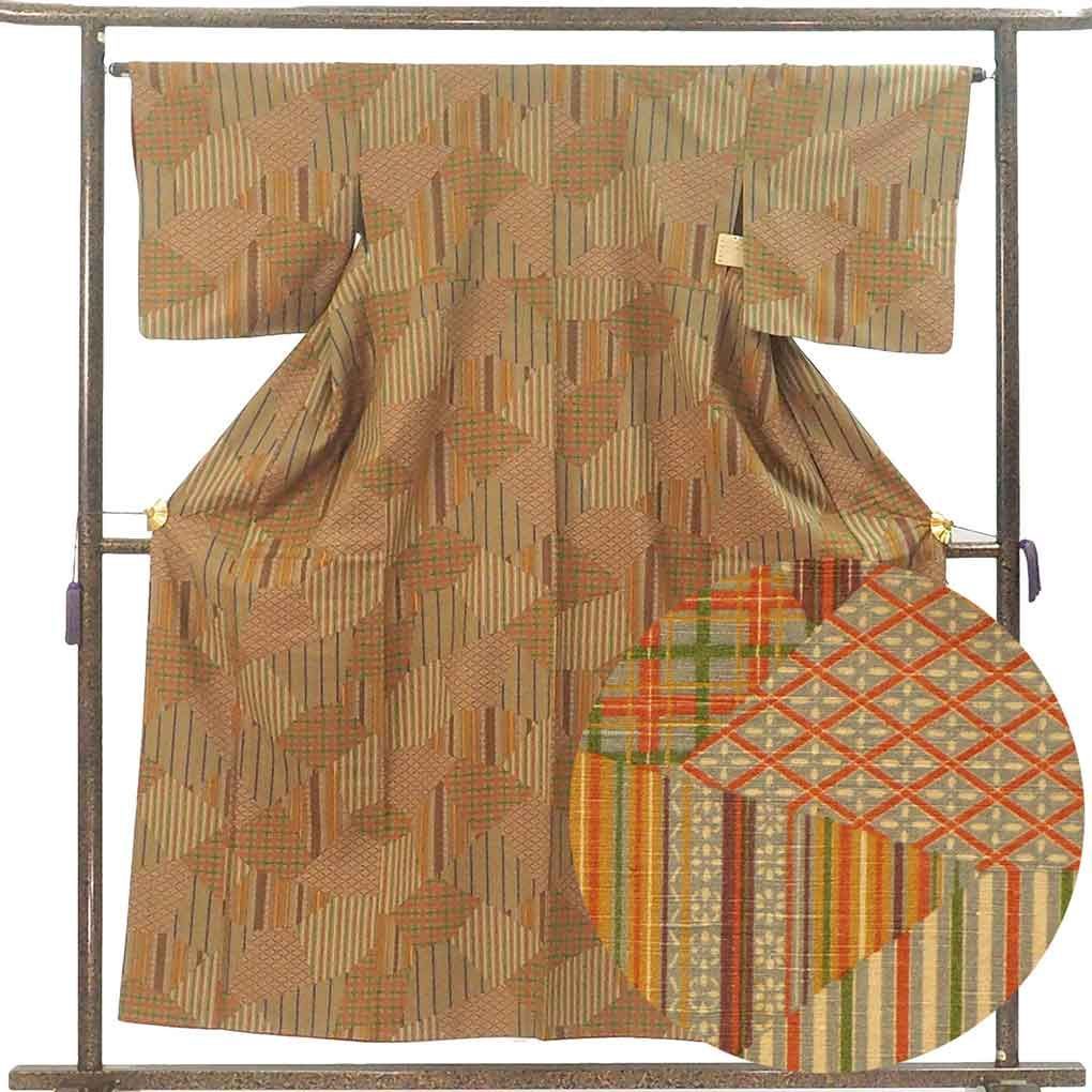 小紋 身丈155 cm 裄65 前幅24 後幅29 袖丈45 袖幅33 レディース 袷 連続模様 裄Mサイズ 秋冬春用 正絹 シルク ブラウン リメイク リユース リサイクル 呉服のきくや