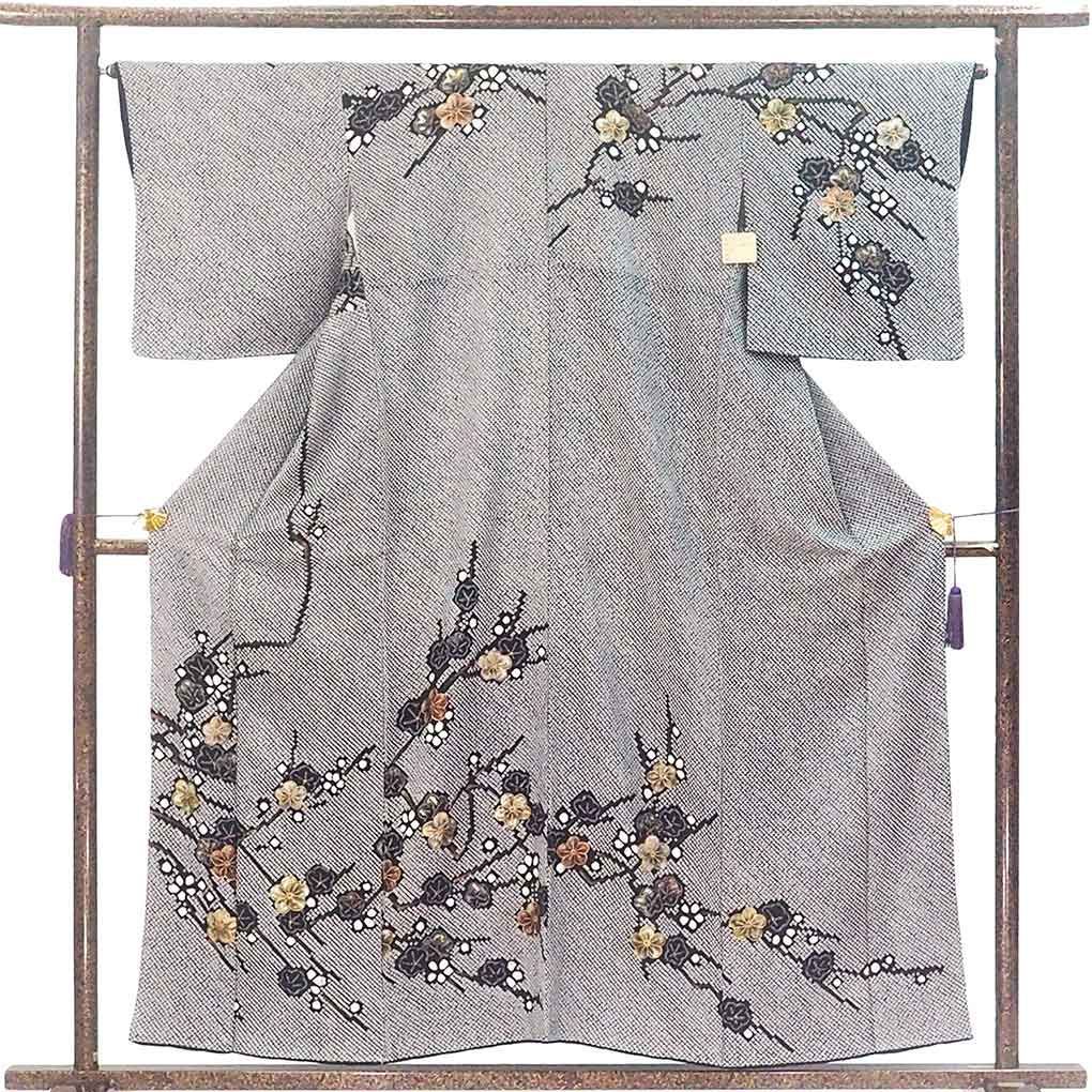 訪問着 身丈158 cm 裄65 前幅24 後幅30 袖丈48 袖幅33 レディース 袷 絞り 裄Mサイズ 秋冬春用 正絹 シルク ブラック リメイク リユース リサイクル 呉服のきくや