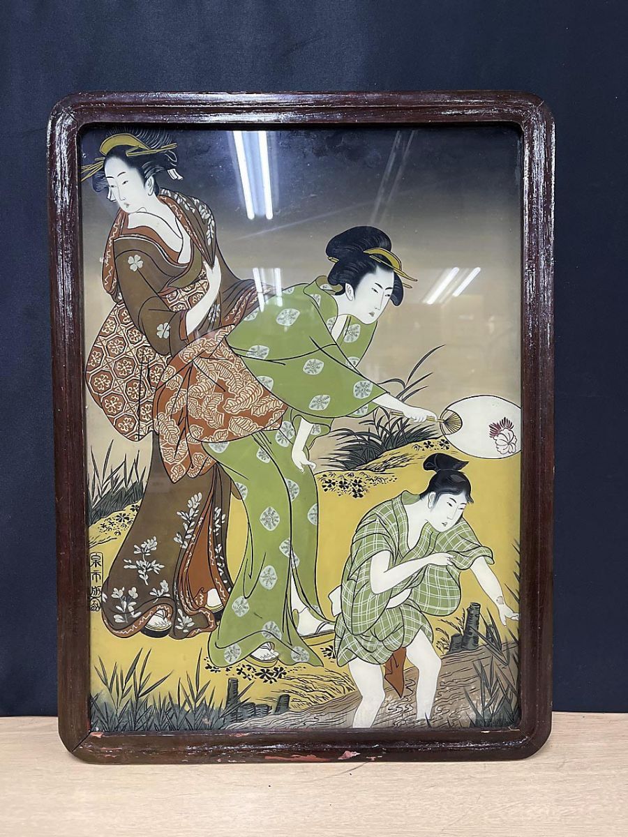 希少！ガラス絵【 明治手描き硝子絵 美人画　浮世絵額】古美術 骨董 現状品】 美人画 浮世絵 ガラス絵 蛍狩り ※詳細不明 ☆ - メルカリ