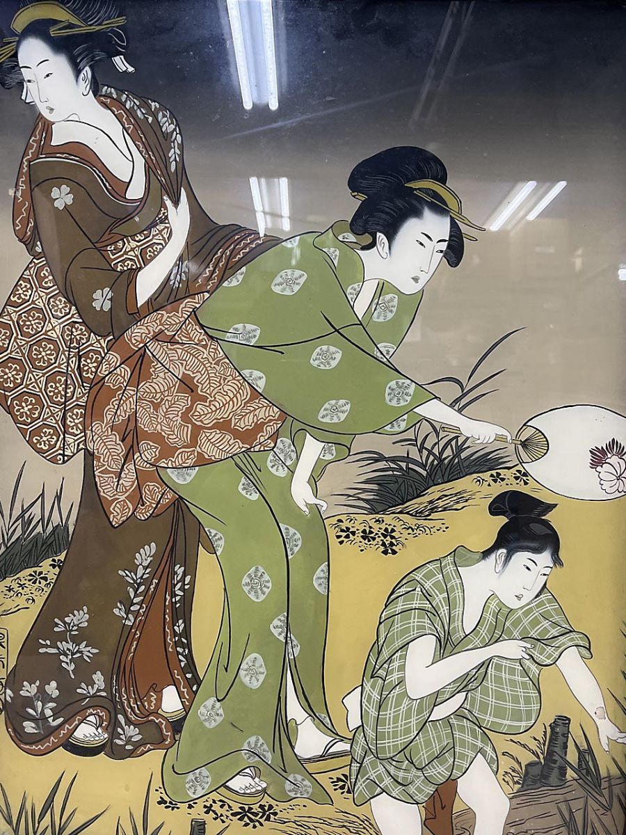 ガラス絵　美人画 現状品】 美人画 浮世絵 ガラス絵 蛍狩り ※詳細不明 ☆ - メルカリ