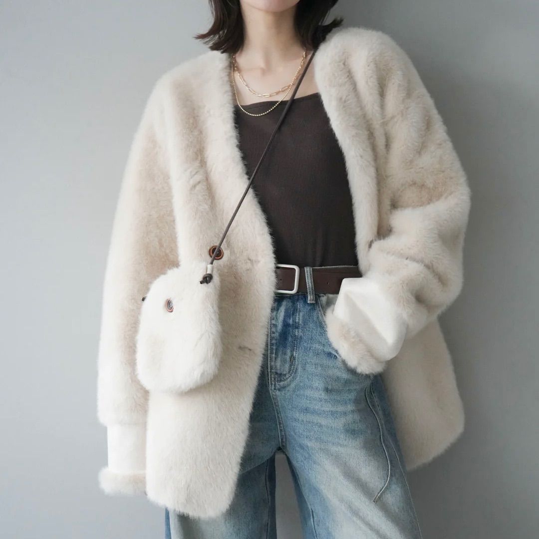 バッグ付エコファーノーカラーコート ベージュ 新品 Lumier リュミエ