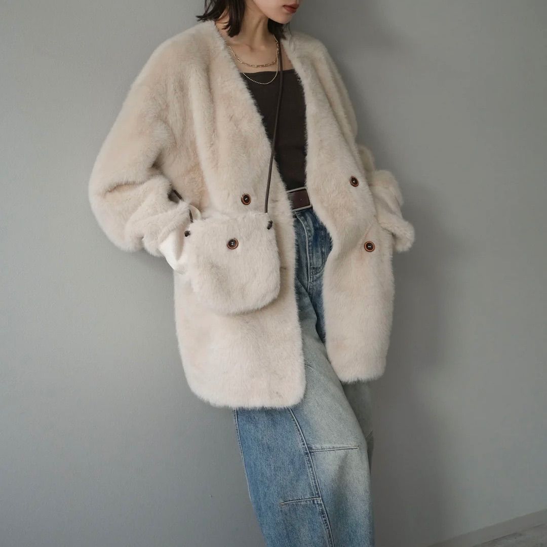 バッグ付エコファーノーカラーコート ベージュ 新品 Lumier リュミエ