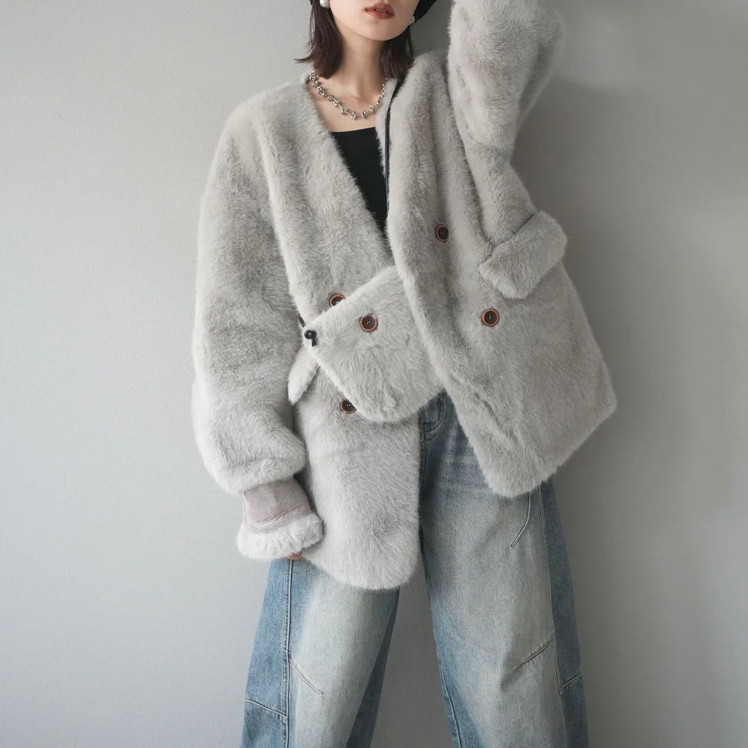 バッグ付エコファーノーカラーコート グレー 新品 Lumier リュミエ