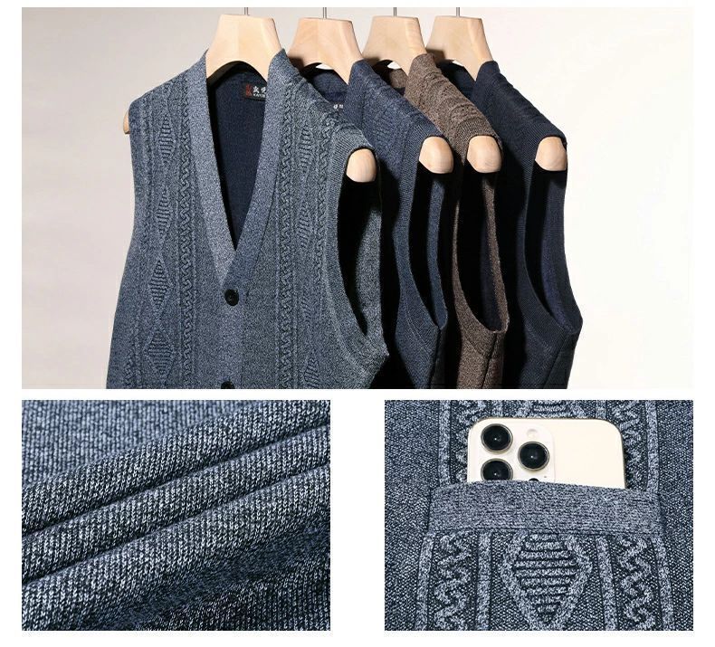 メンズ ニットベスト ウォッシャブル 裏起毛 あったか 防寒着 ビジネス ゴルフウェア 重ね着 Vネック 前開き ボタン ノースリーブ セーター ジレ