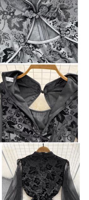 黒色 長袖 ロング丈 ストレッチ チャイナドレス パーティードレス(T)