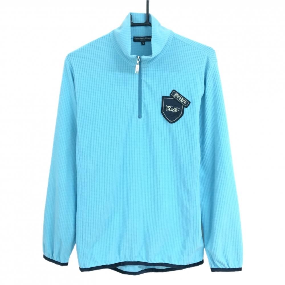 【ダンスウィズドラゴン】人気ロゴ総柄×裏起毛 長袖ゴルフプルオーバースニードL 美品】ダンスウィズドラゴン 長袖ハイネックシャツ ライトブルー 起毛