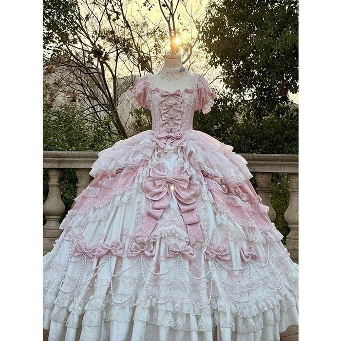 ロリータ風 プリンセス ロングドレス 豪華レース ピンク ビッグリボン 蝶結び付き パーティー コスプレ ゴシック ロリータ 結婚式 発表 仮装 コスチューム 衣装 コーディネート パーティ イベント ステージ