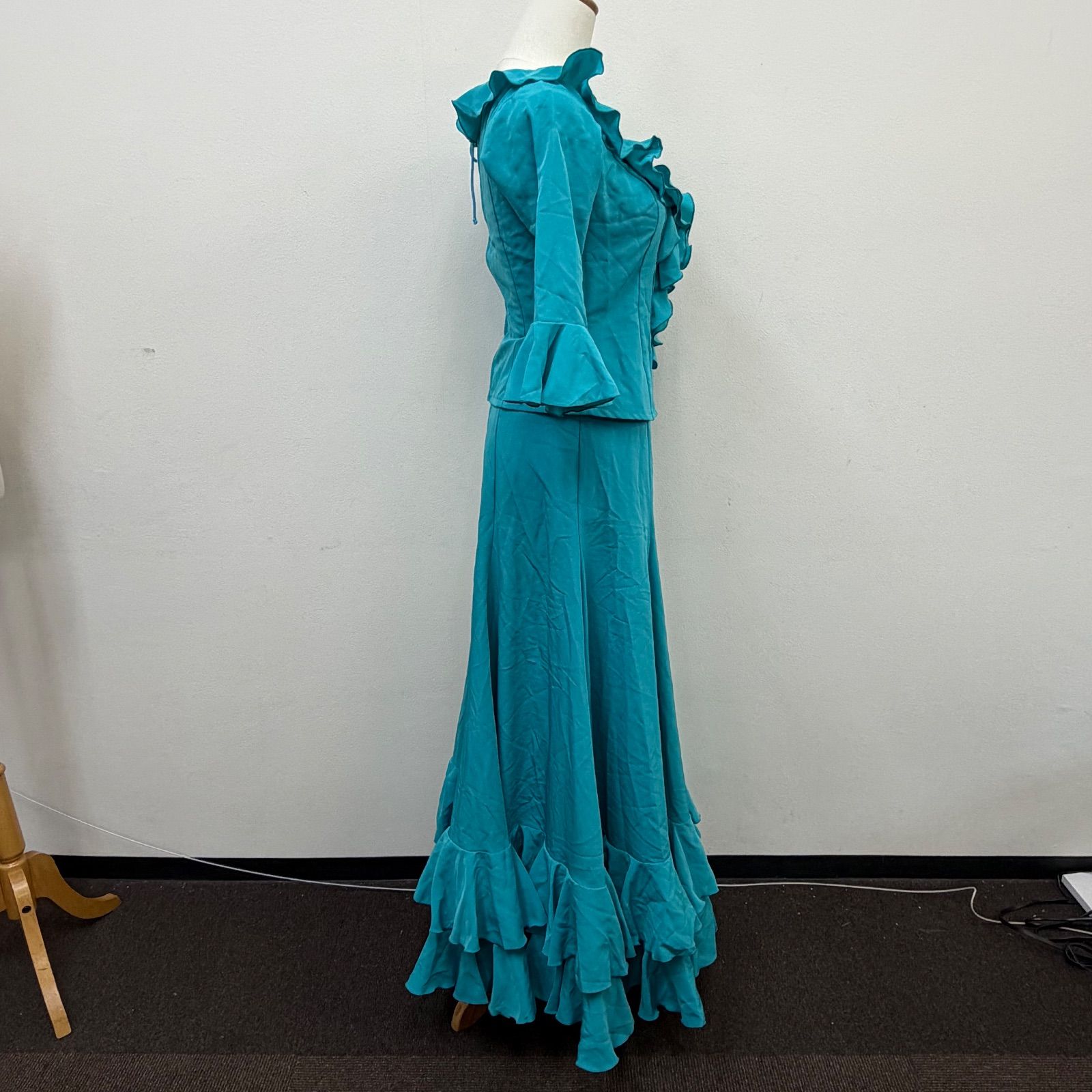 Naomi フラメンコ衣装 ツーピース ブラウス フリル ファルダ レース ターコイズ ナオミブルー