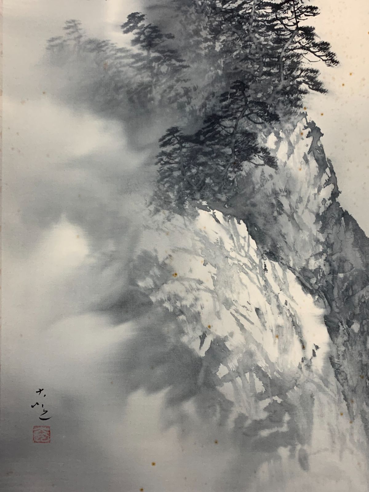 ♦犬と椿図 絹本水墨画 墨彩画 掛け軸？円山派 明治時代 鹿角古美術骨董品 掛け軸】222 吉井大起「水墨山水」日本画 山水図 #茶掛 #掛軸 #古美術