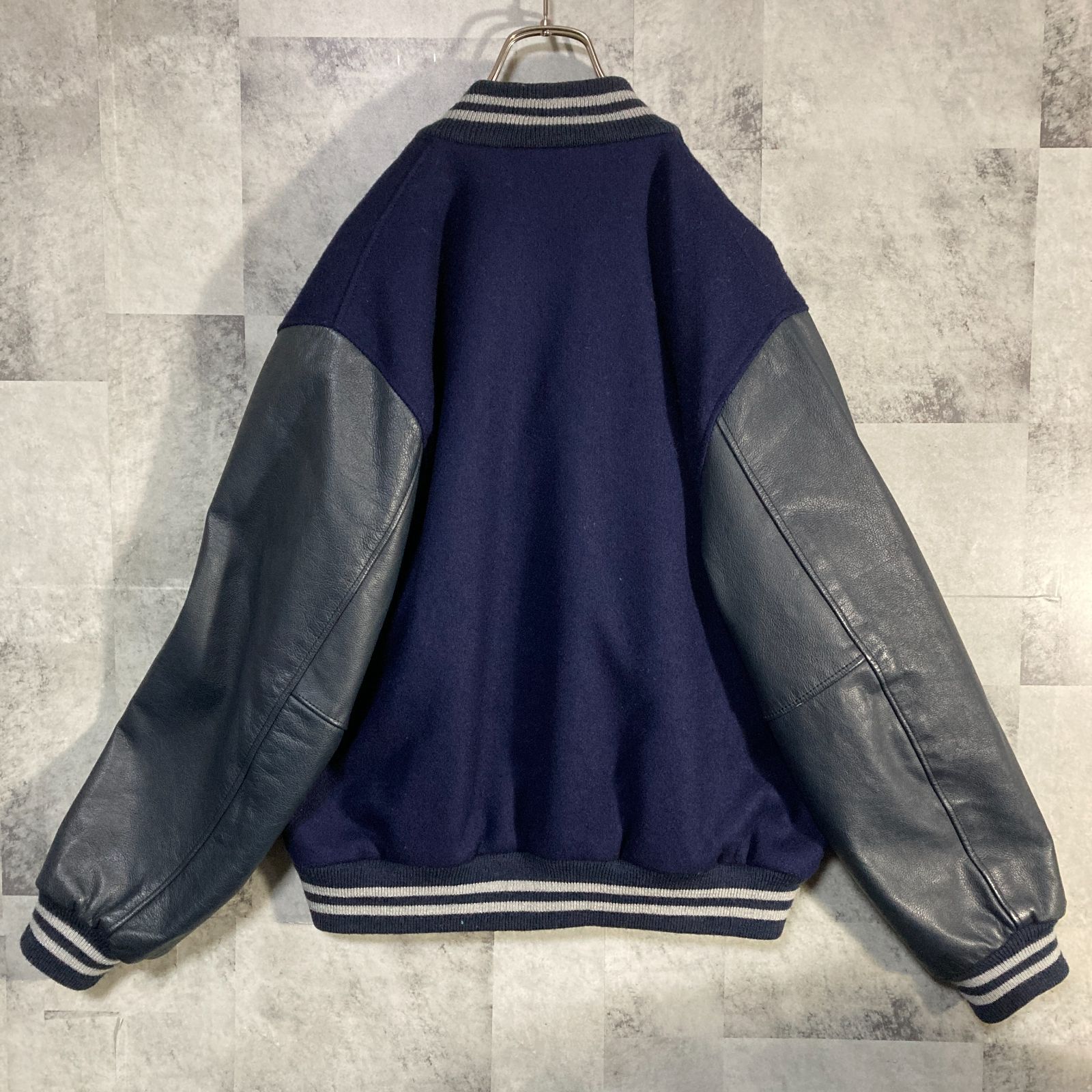 スタジャン ネイビー レザー M USA製 本革 袖レザー バーシティジャケット USA製 Settlemier's セトルマイヤーズ アワードジャケット 袖レザー