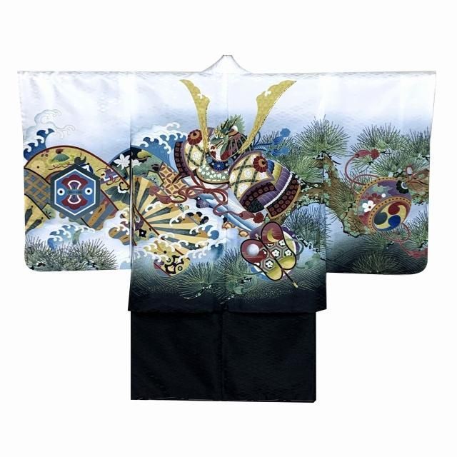 七五三 着物 3歳 男の子 羽織 アンサンブル 合繊 白ｘ黒 兜に松 片輪車