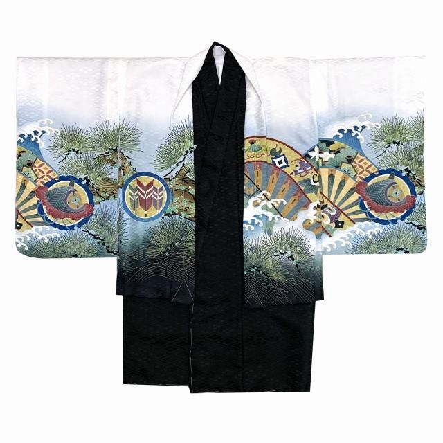 七五三 着物 3歳 男の子 羽織 アンサンブル 合繊 白ｘ黒 兜に松 片輪車