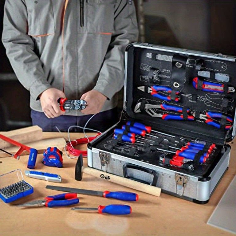 DIYから本格作業まで 119点 ツールキット アルミケース入り 家庭用 車載工具 DIY 日曜大工 修理 メンテナンス 工具セット 万能工具箱