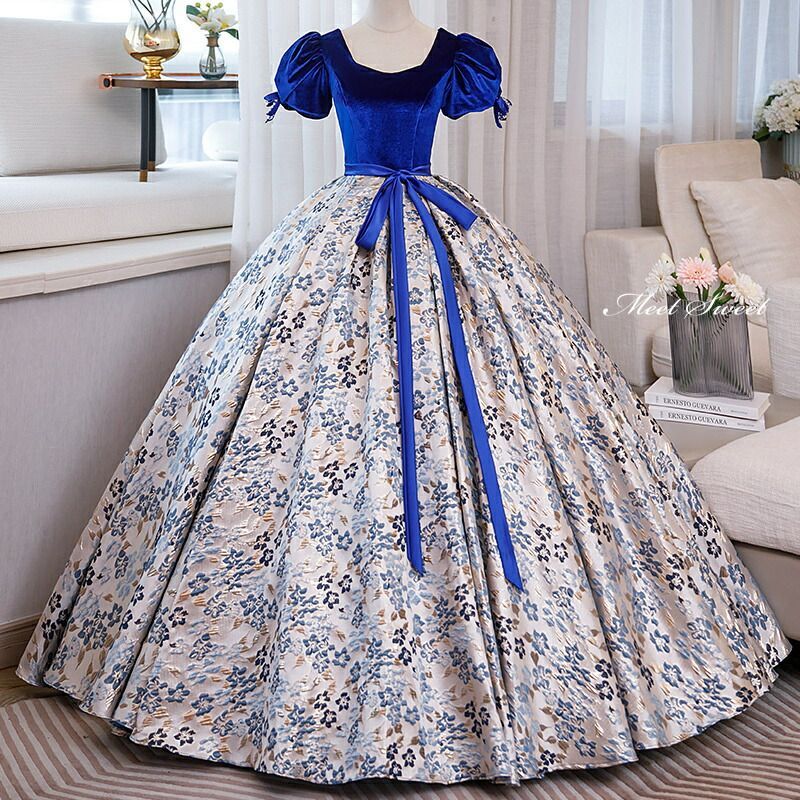 ドレス プリンセスライン 青 ブルー パフスリーブ 半袖 花柄 ロングドレス ウェディングドレス 結婚式 二次会 花嫁 前撮り 演奏会 発表会 ステージ衣装 ウエディングドレス パーティードレス ブライダル 大人 舞台