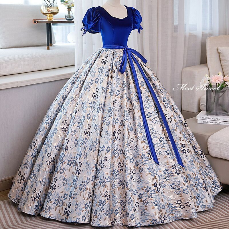 ドレス プリンセスライン 青 ブルー パフスリーブ 半袖 花柄 ロングドレス ウェディングドレス 結婚式 二次会 花嫁 前撮り 演奏会 発表会 ステージ衣装 ウエディングドレス パーティードレス ブライダル 大人 舞台