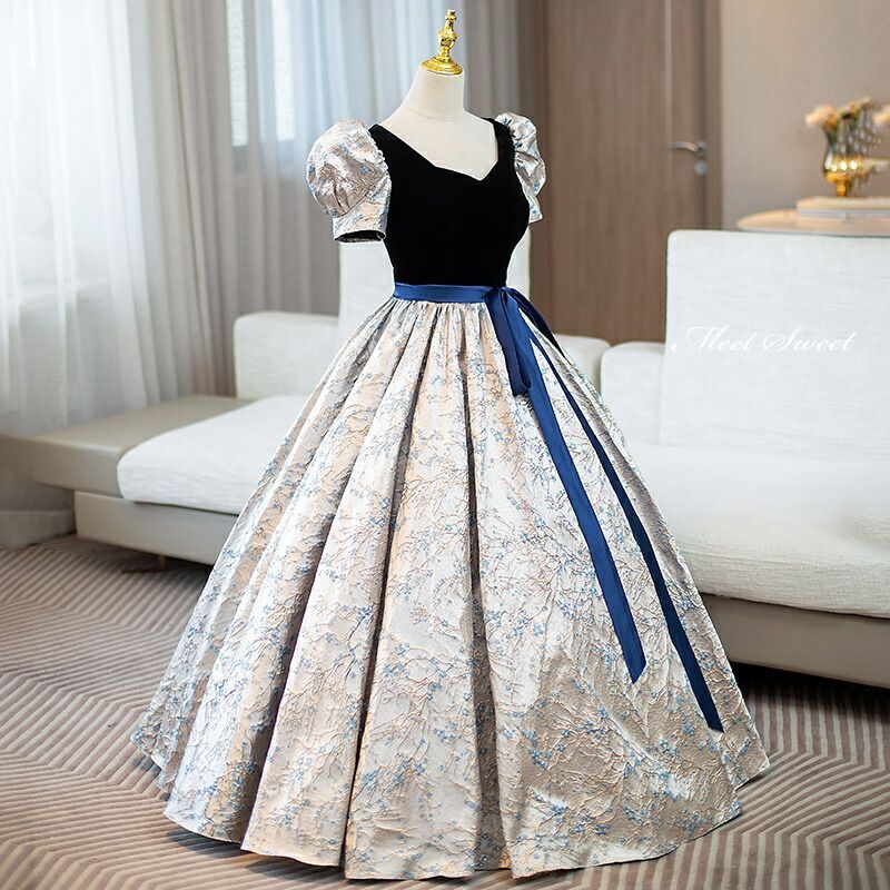 ドレス プリンセスライン ネイビー パフスリーブ 半袖 花柄 ロングドレス ウェディングドレス 結婚式 二次会 花嫁 前撮り 演奏会 発表会 ステージ衣装 ウエディングドレス パーティードレス ブライダル