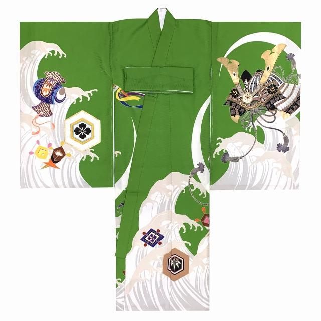 JAPANSTYLE お宮参りの着物 初着 産着 男の子 お祝い着 合繊 襦袢付き 緑 宝船