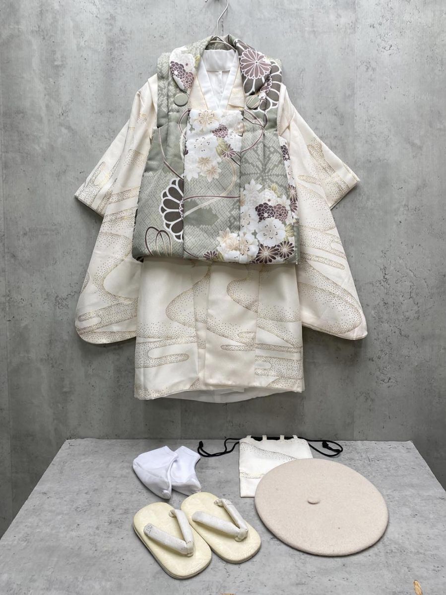 着物 七五三 ベレー帽つき 被布セット 男児3歳用 7点セット size 88～105 きなり系 メンズ