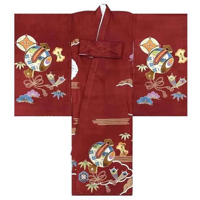 お宮参り 男の子 着物 正絹 変わり色の赤ちゃんのお祝い着 初着 産着 襦袢付き エンジ 鷹と宝