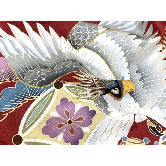  お宮参り 男の子 着物 正絹 変わり色の赤ちゃんのお祝い着 初着 産着 襦袢付き エンジ 鷹と宝 着物 産着 着物 セレモニードレス