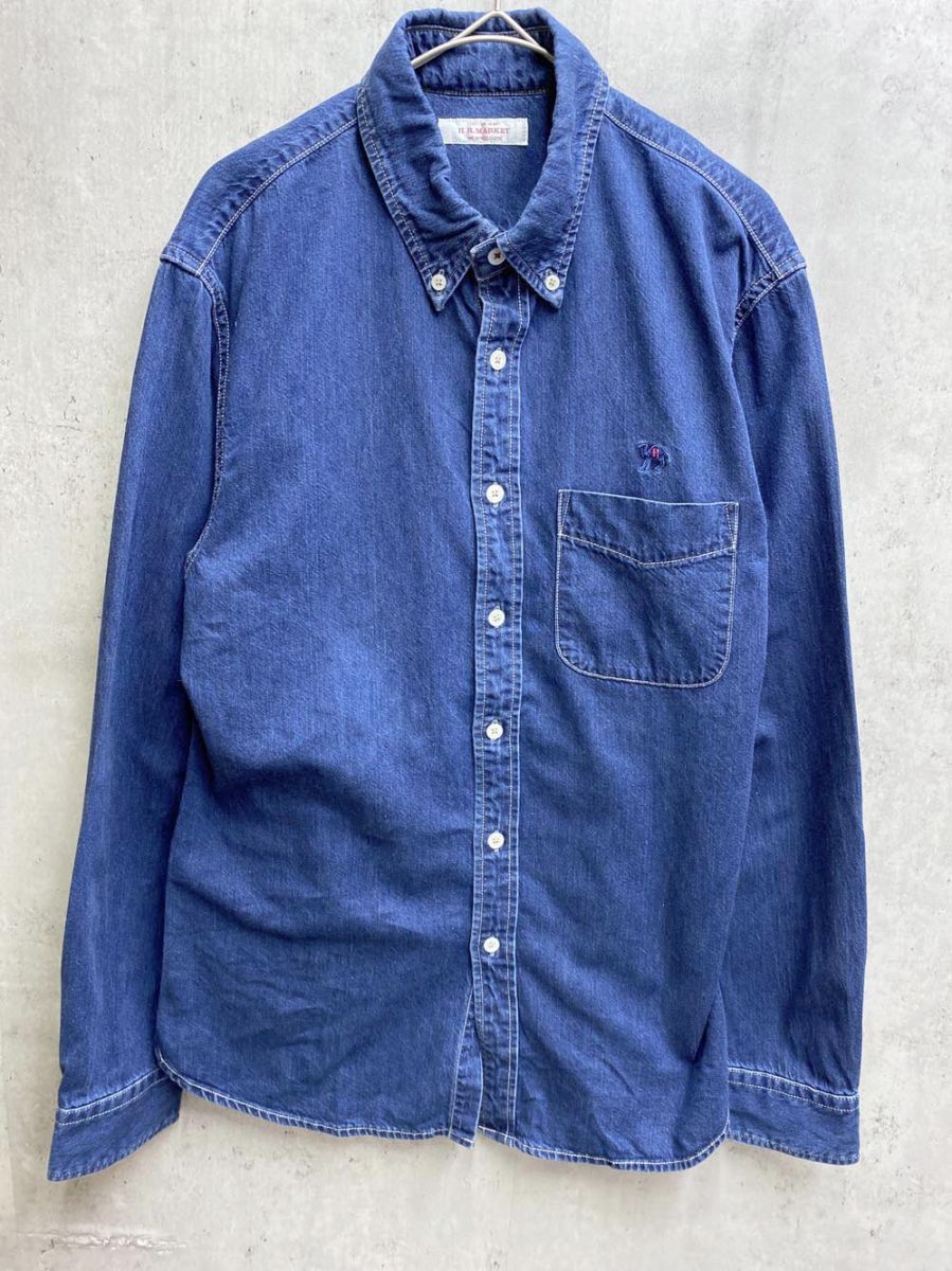 H R MARKET ハリウッドランチマーケット ラクダ ロゴ刺繍 ボタンダウン デニム シャツ size 2 ネイビー メンズ