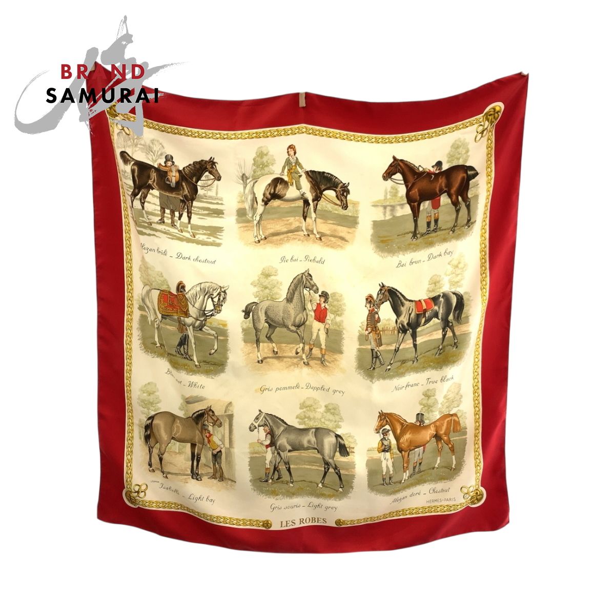 HERMES エルメス カレ90 LES ROBES 馬の毛色 男女兼用 レッド マルチ