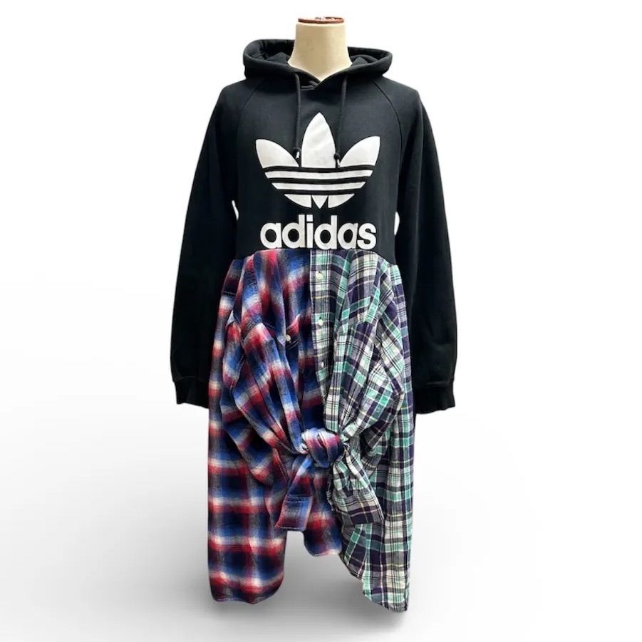 adidas パーカー ネルシャツドッキング 古着再構築 リメイクワンピース