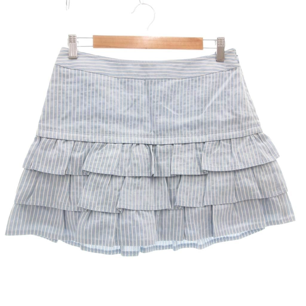 バーバリーブルーレーベル BLUE LABEL ミニスカート 38 フリル ティアード ストライプ 水色 ライトブルー AE