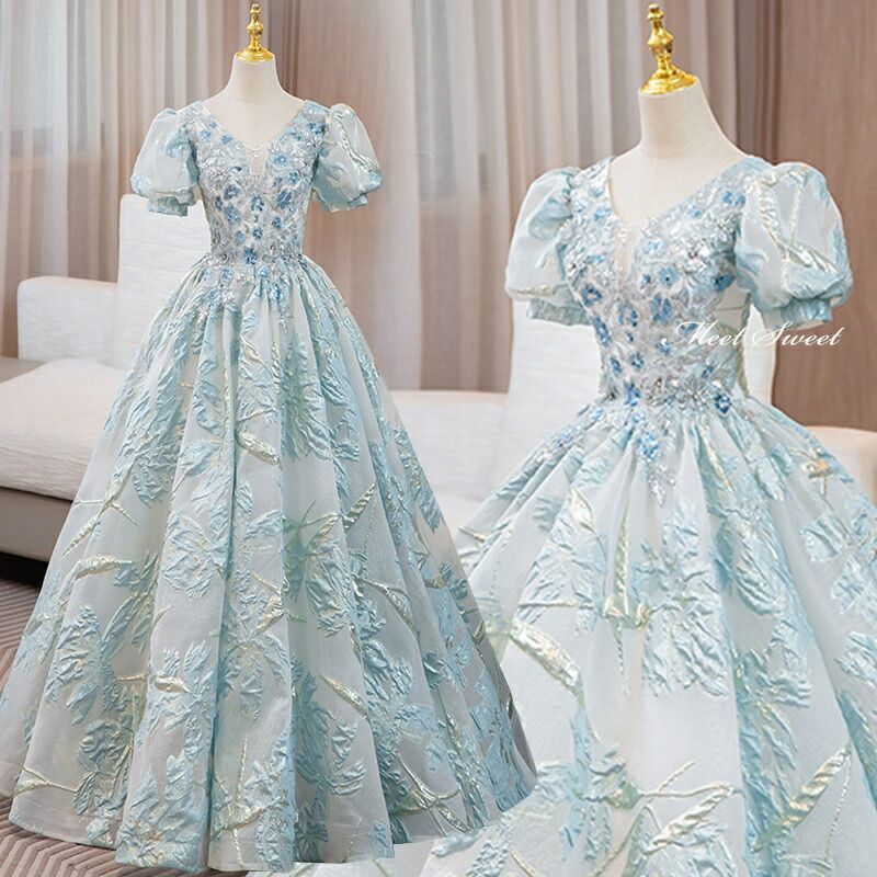 ドレス プリンセスライン 青 ブルー パフスリーブ 半袖 上品 ロングドレス ウェディングドレス 結婚式 二次会 花嫁 前撮り 演奏会 発表会 ステージ衣装 ウエディングドレス パーティードレス ブライダル イブニングドレス コンサート コンクール