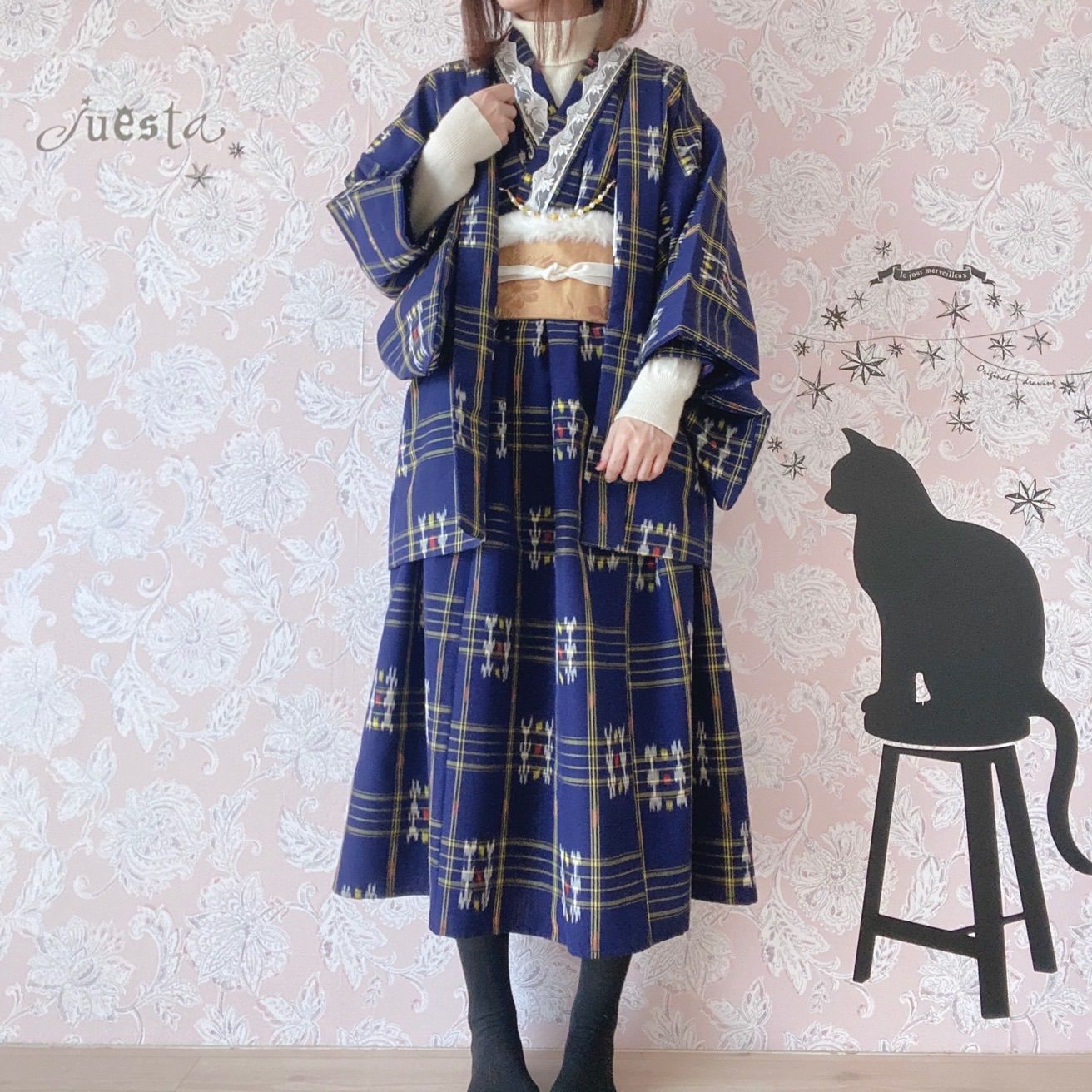 着物リメイクワンピース 濃紺×黄色系 帯ベルトと帯飾りと羽織付き