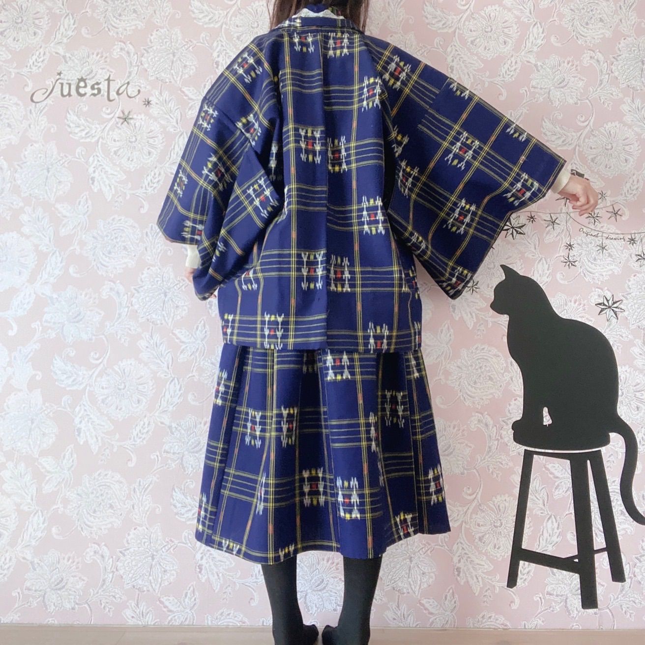 着物リメイクワンピース 濃紺×黄色系