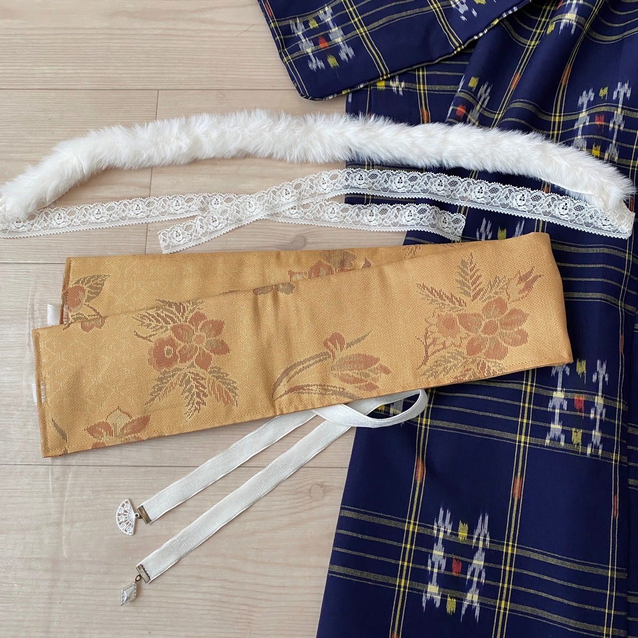  着物リメイクワンピース 濃紺×黄色系 帯ベルトと帯飾りと羽織付き ワンピース チュニック ファッション