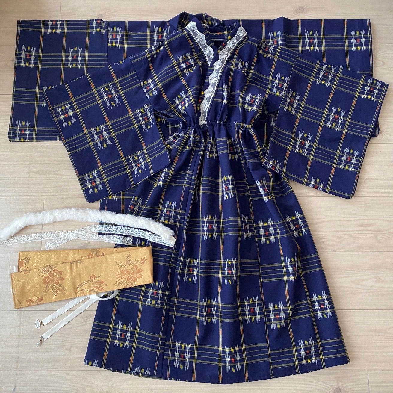 着物リメイクワンピース 濃紺×黄色系