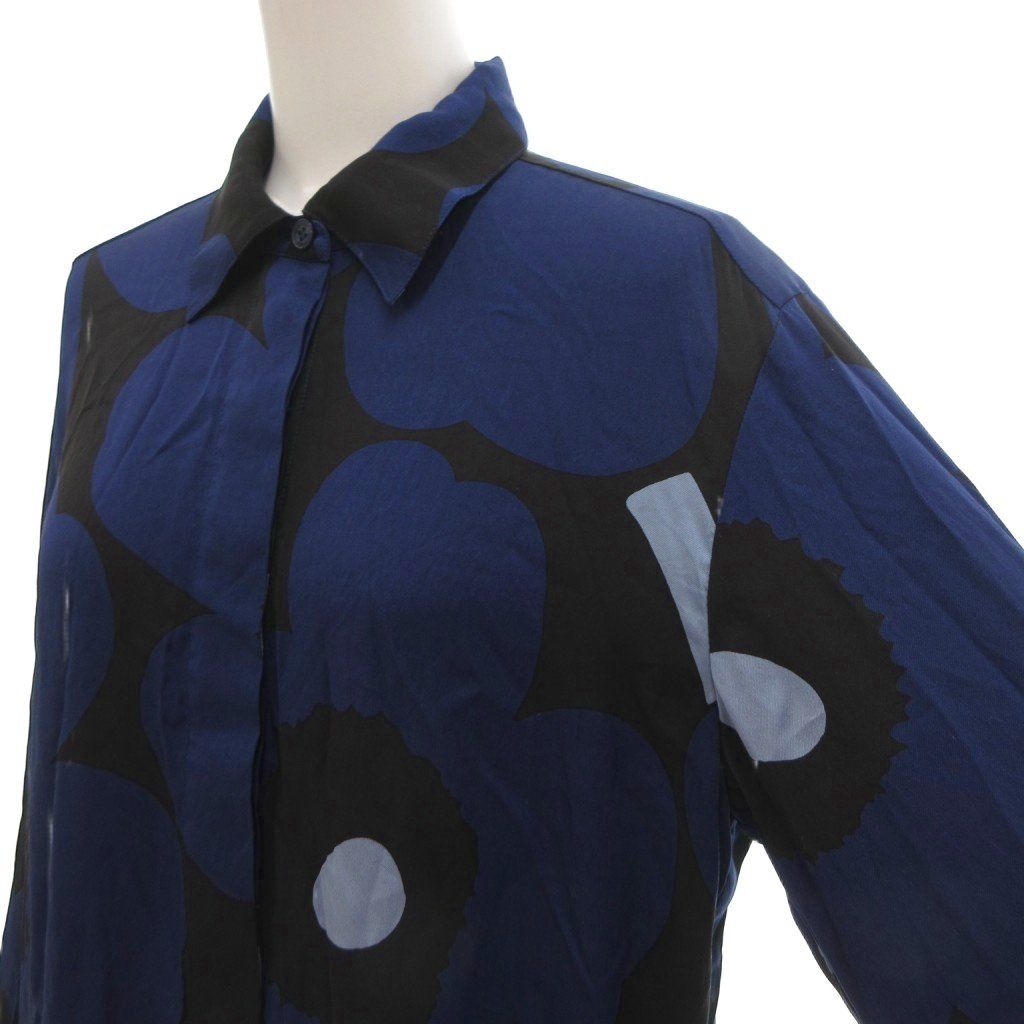  マリメッコ marimekko ウニッコ生誕60周年記念 アニバーサリー MAIJA UNIKKO シャツ 絹 シルク 長袖 総柄 38 ブルー系 UO 長袖 シャツ ブラウス