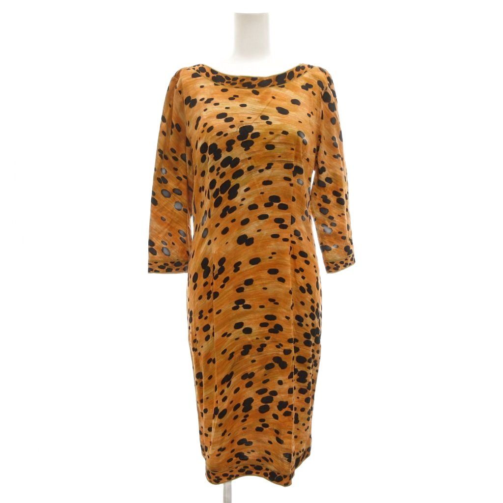 レオナール LEONARD FASHION ワンピース アニマルプリント 七分袖 ボートネック 総柄 L オレンジ系 マルチ UO