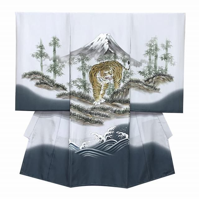 お宮参り 男の子 着物 正絹 素描風 赤ちゃんのお祝い着 初着 産着 青系 虎と富士